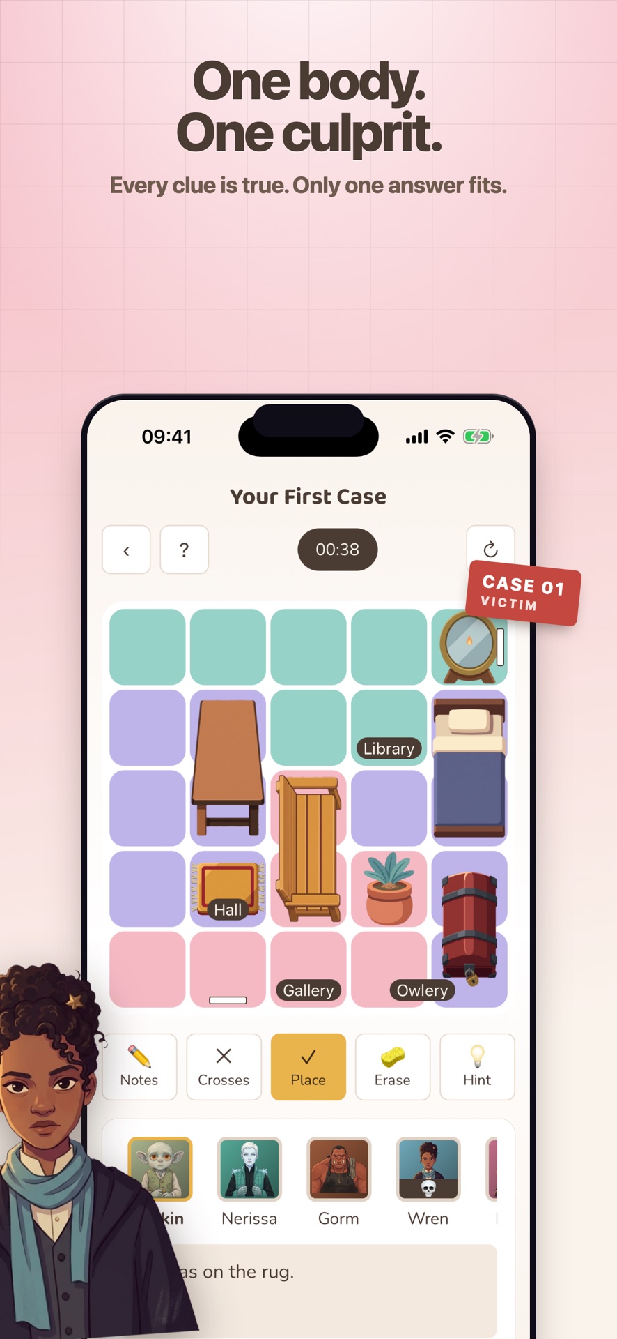 Gameplay: a pastel floor-plan board with suspects, rooms and clues